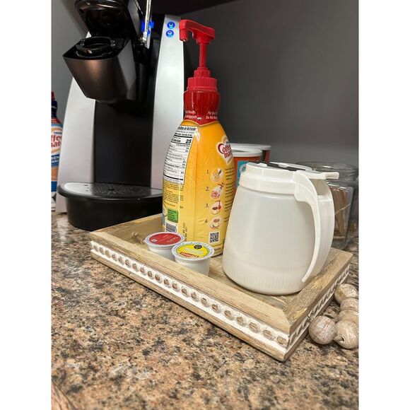 Hand Carved White Washed Wooden Decorative Serving Tray Home Decor - Picture 2 of 4